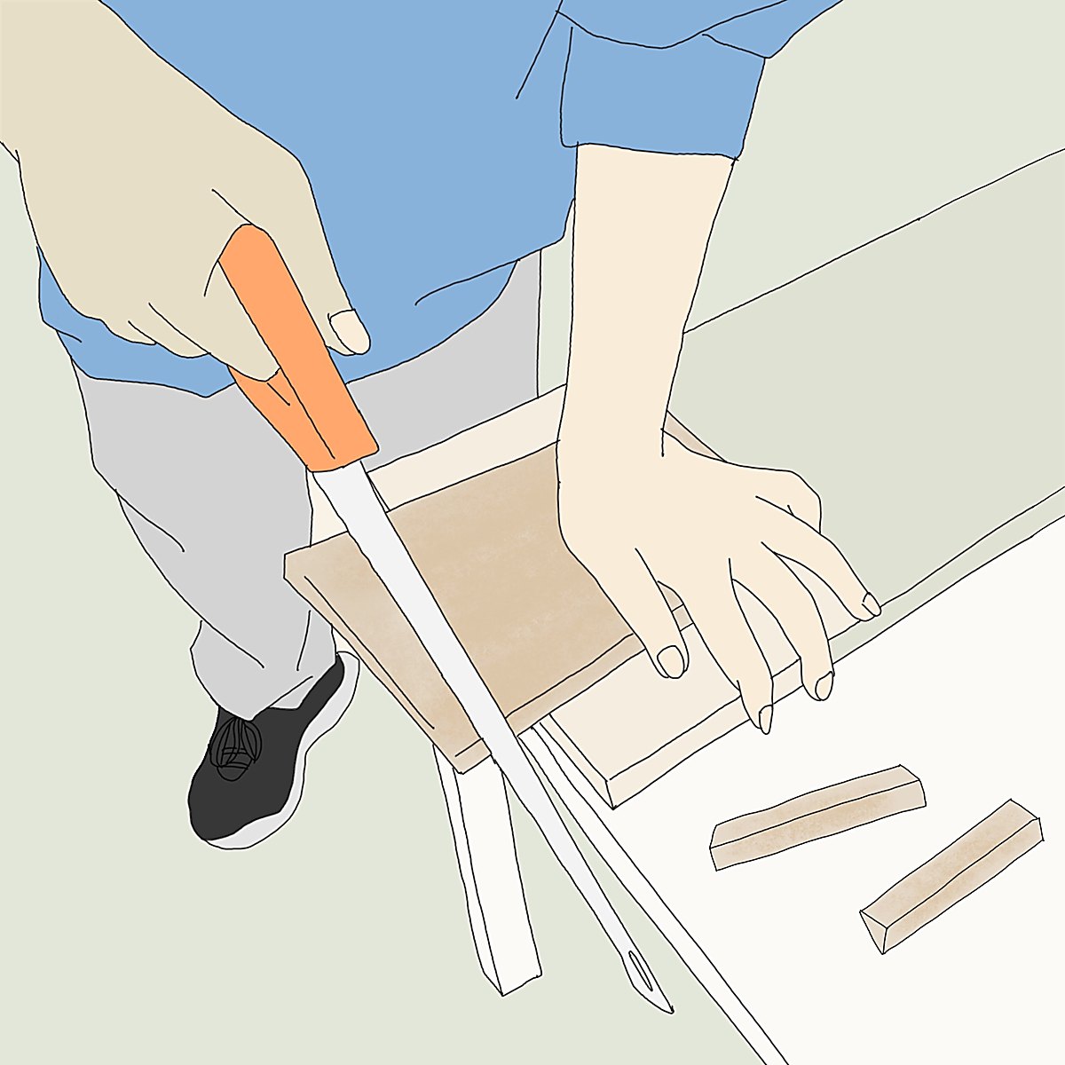Illustration of a participant sawing timber for a woodwork project